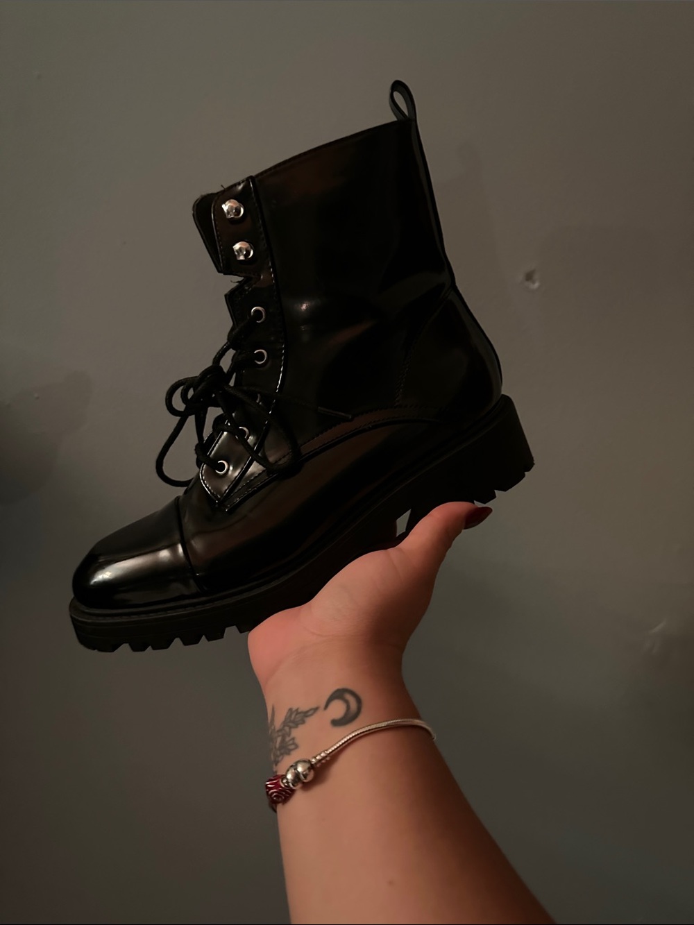 Wild Diva Shiny Black Lace-Up Combat Boots Slighty scuffed